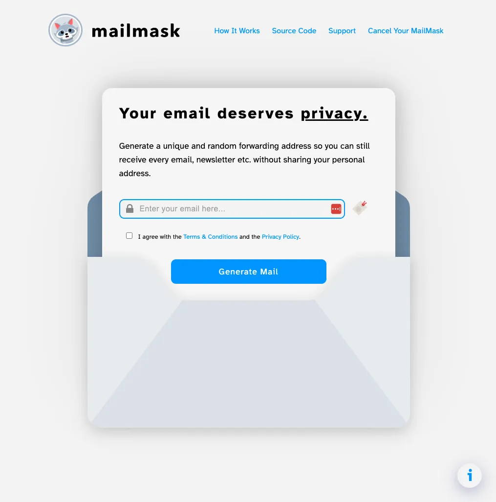 A screenshot of the mailmask.me website